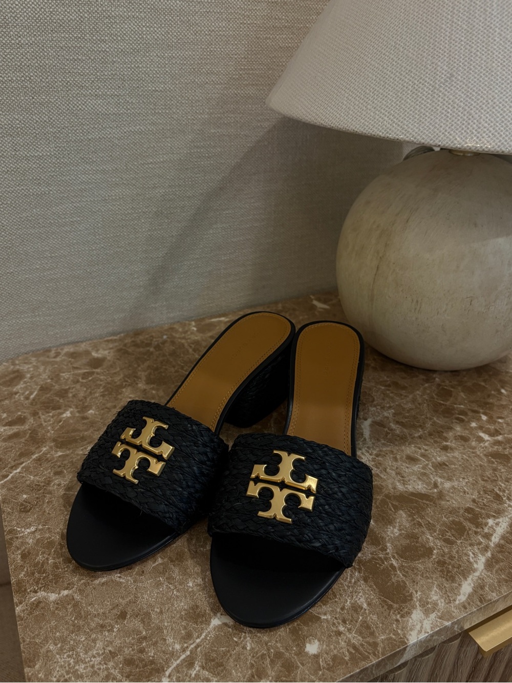 Tory Burch Black Raffia Slide Mules with Gold Logo